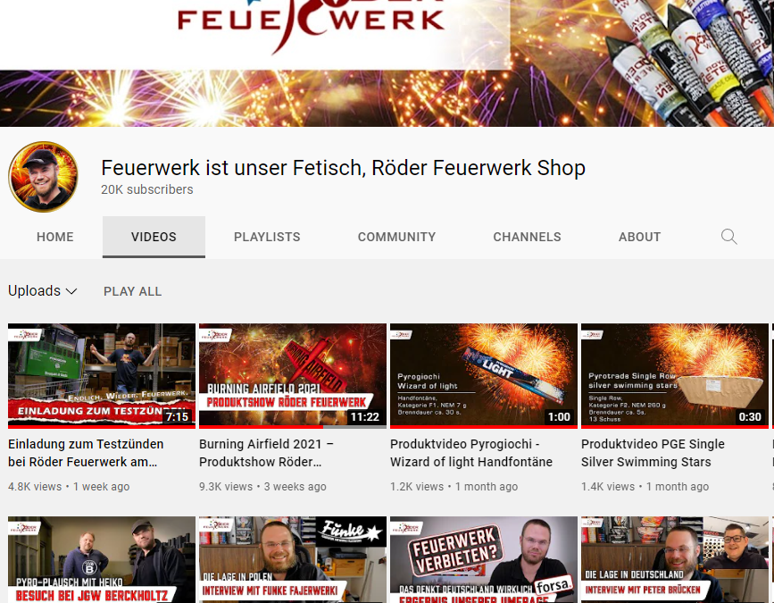 Youtube Kanal von Röder Feuerwerk