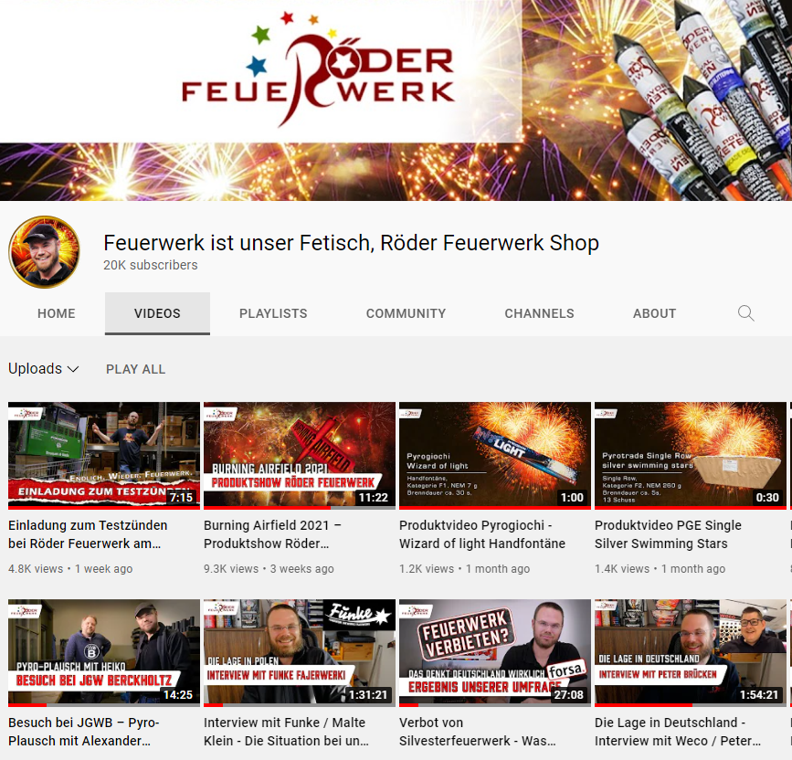 Youtube Kanal von Röder Feuerwerk